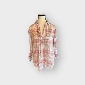 Women’s Sonoma Large Modal Flannel Style Plaid Half Button Up Pale Red and White